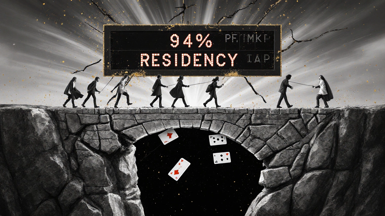 Students crossing a crumbling bridge labeled &#039;Residency&#039; with flashcards as lifelines in a symbolic landscape.