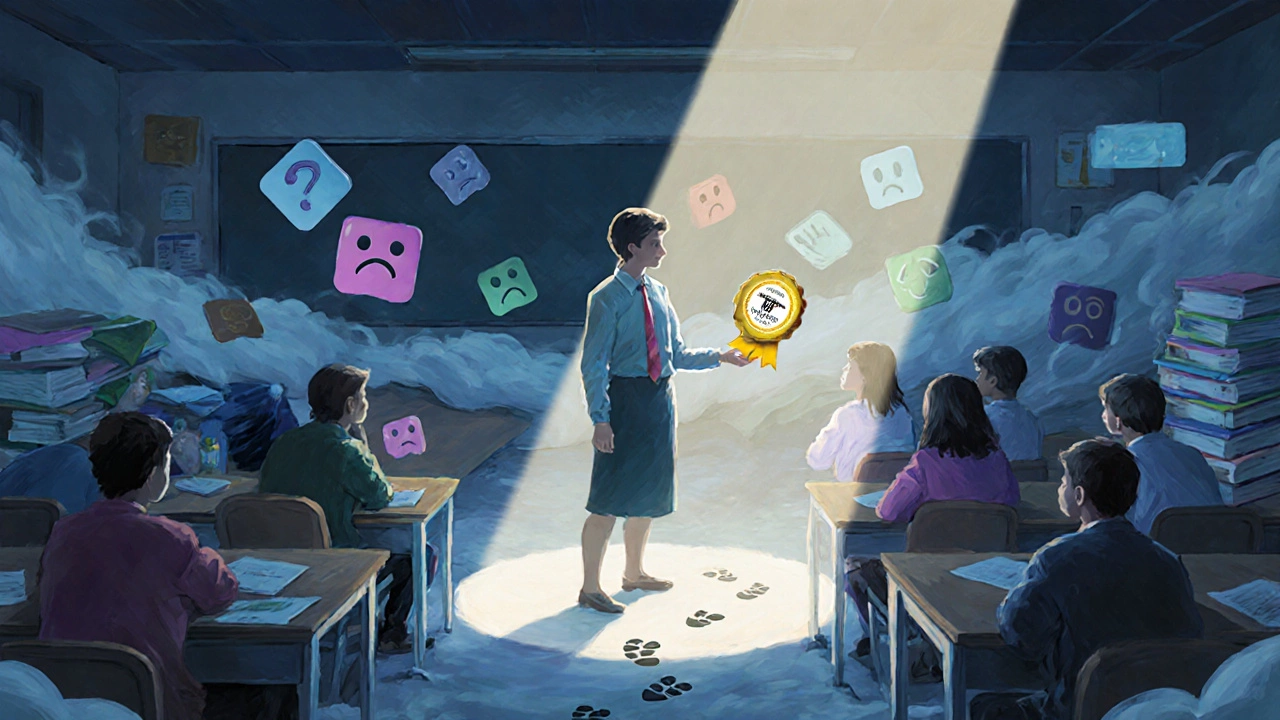 Teacher holding a micro-credential badge as classroom challenges fade.