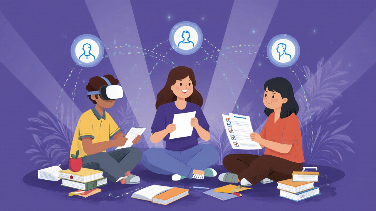 Three teachers collaborating with coaching and simulation tools.