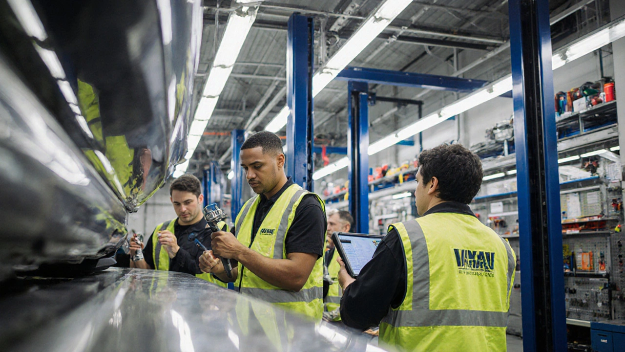 Trainees learning to service a hybrid car in a modern workshop with diagnostic tools.