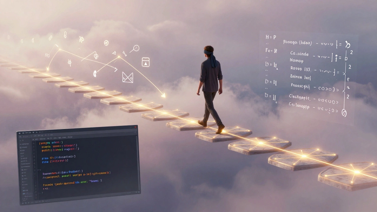 A blindfolded person walking on a path of monads, surrounded by floating functional programming symbols in a dreamy landscape.