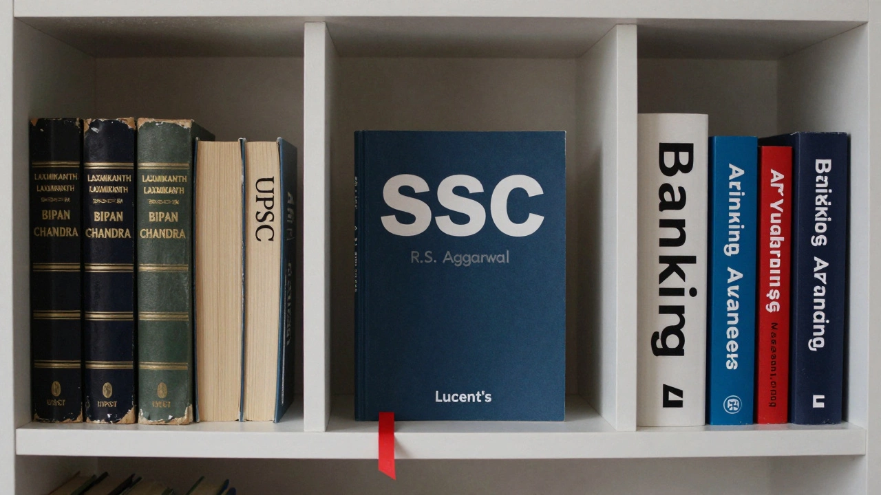 A bookshelf organized by government exam categories with key textbooks.