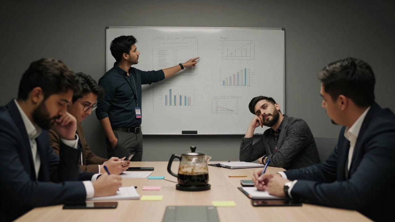 A diverse group of MBA students in a tense group meeting with charts and coffee cups on the table.