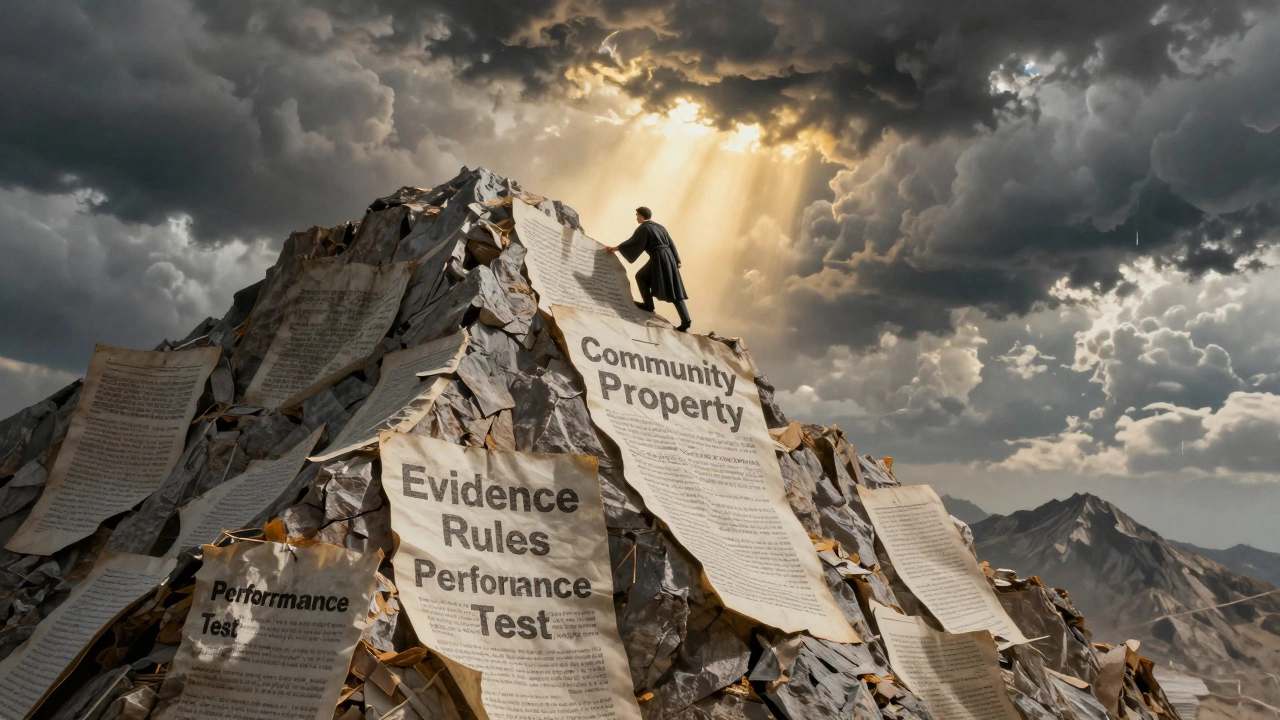 A lone figure climbing a mountain made of legal texts representing the California bar exam.