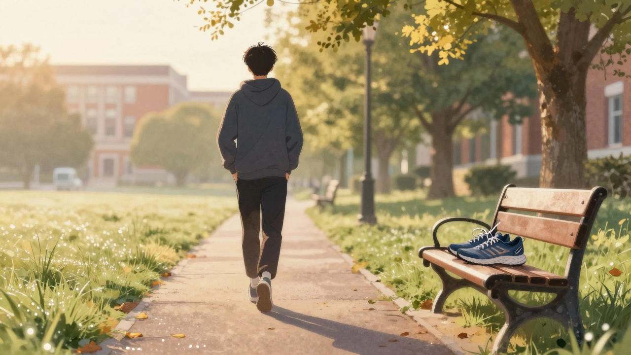 A student walking alone at sunrise, symbolizing a daily moment of peace amid academic stress.