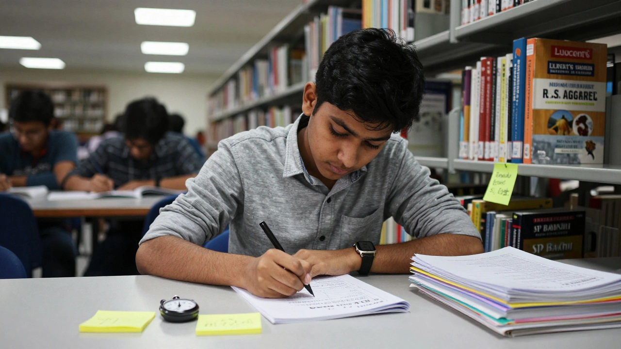 An aspirant solving math problems from R.S. Aggarwal at a library table.