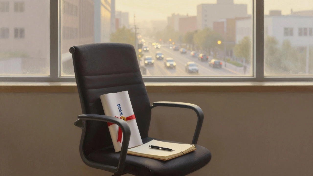 An empty chair with an MBA diploma beside a notebook at sunrise, symbolizing hard-won achievement.