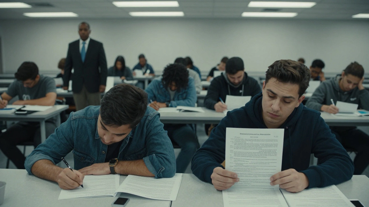 Candidates taking the three-day California bar exam under harsh fluorescent lights.