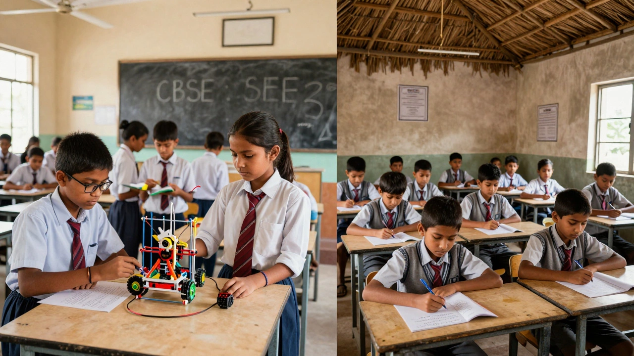 Contrast between a well-resourced CBSE school and a quiet rural school in Northeast India.
