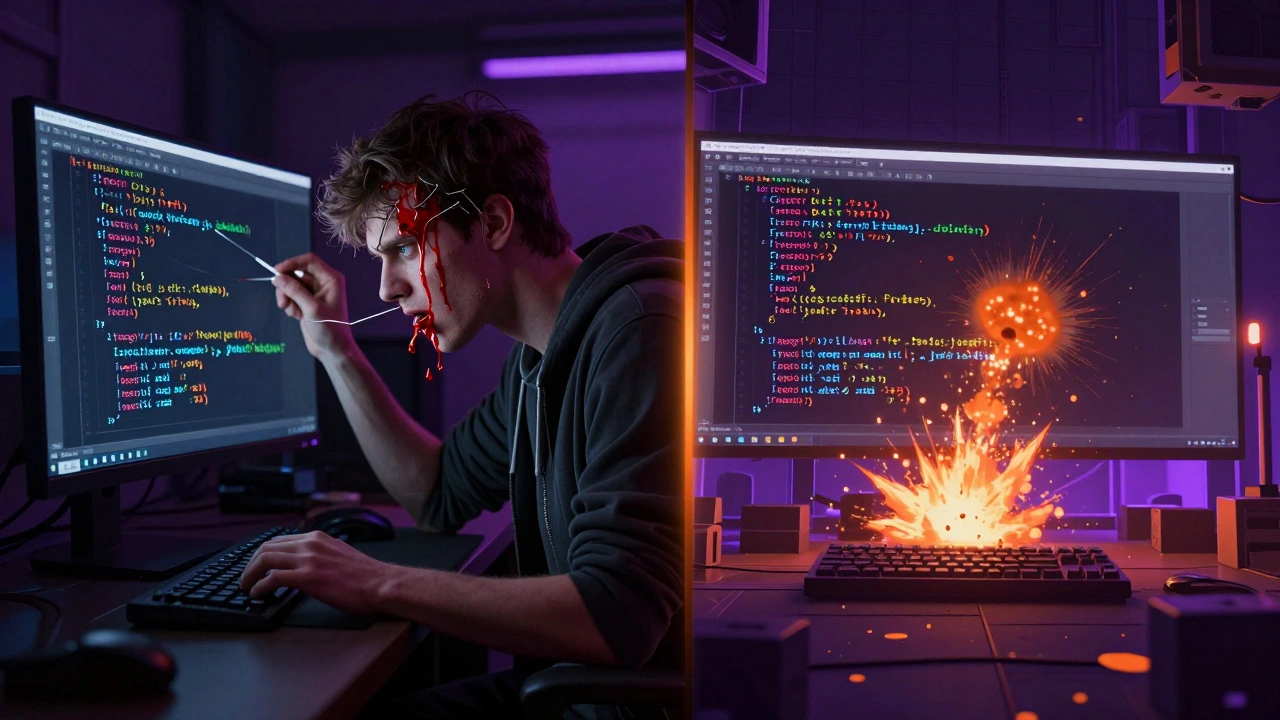 Developer debugging a C++ memory leak with red fluid leaking from pointers, contrasted with a vibrant game engine.