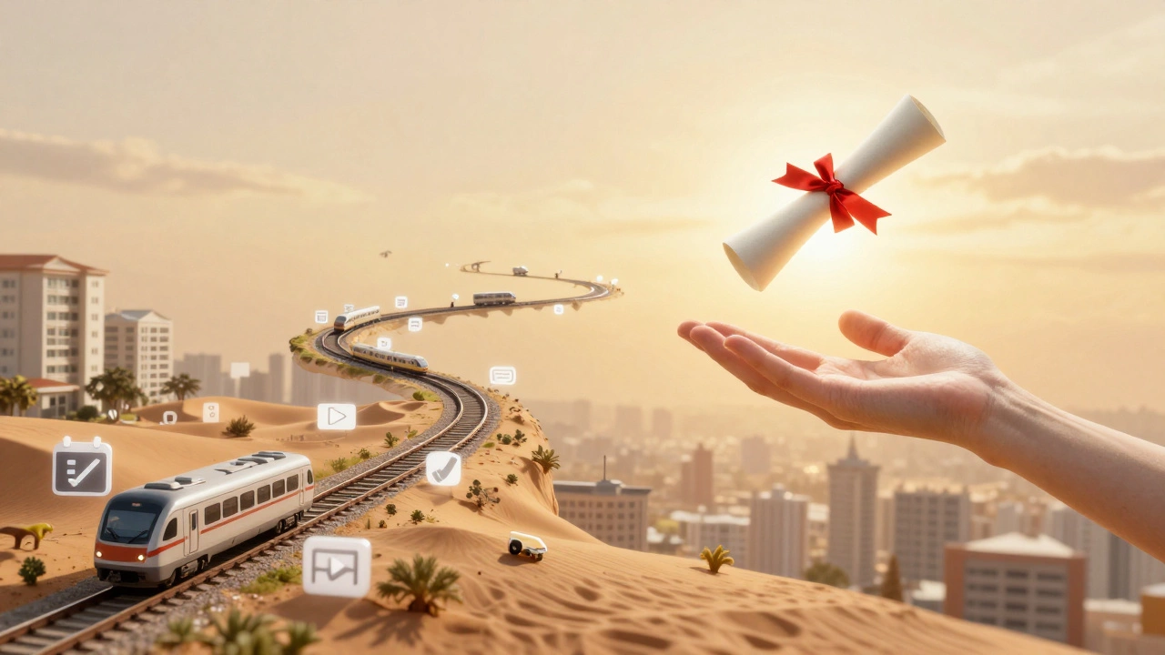 Digital path of learning icons leading through global scenes to a floating diploma.