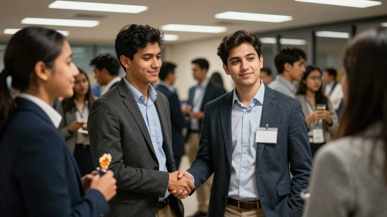 MBA students at a networking event, one standing alone looking exhausted under harsh lights.
