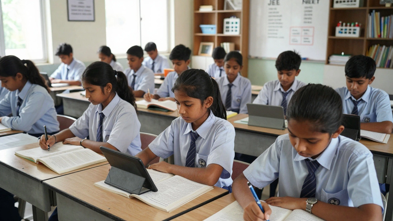 Students in a Delhi CBSE classroom focused on JEE and NEET preparation with digital devices and textbooks.