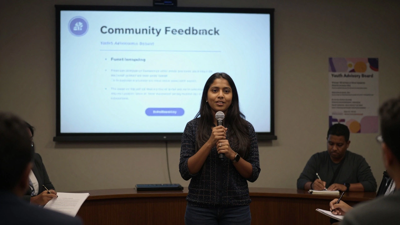 Young woman speaking at a public council meeting about community feedback.