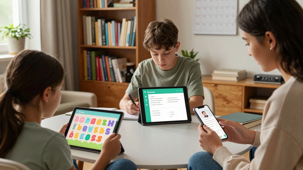 A child, teen, and adult each using different learning apps at home, surrounded by books and a calendar with daily marks.