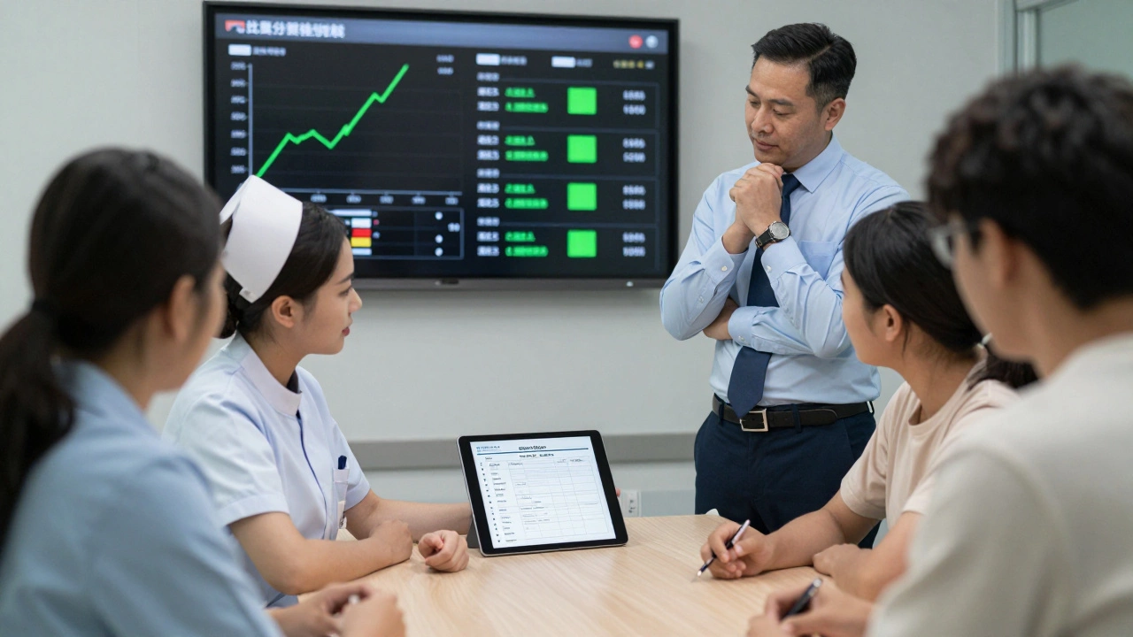 A nurse reviewing a safety protocol on a tablet while a manager observes in a hospital break room.