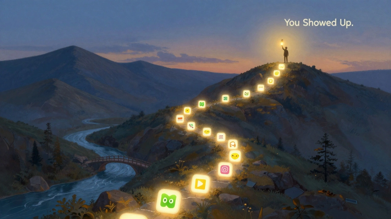 A symbolic path of learning apps leading to a lone figure holding a lantern on a hill, representing persistence and growth.