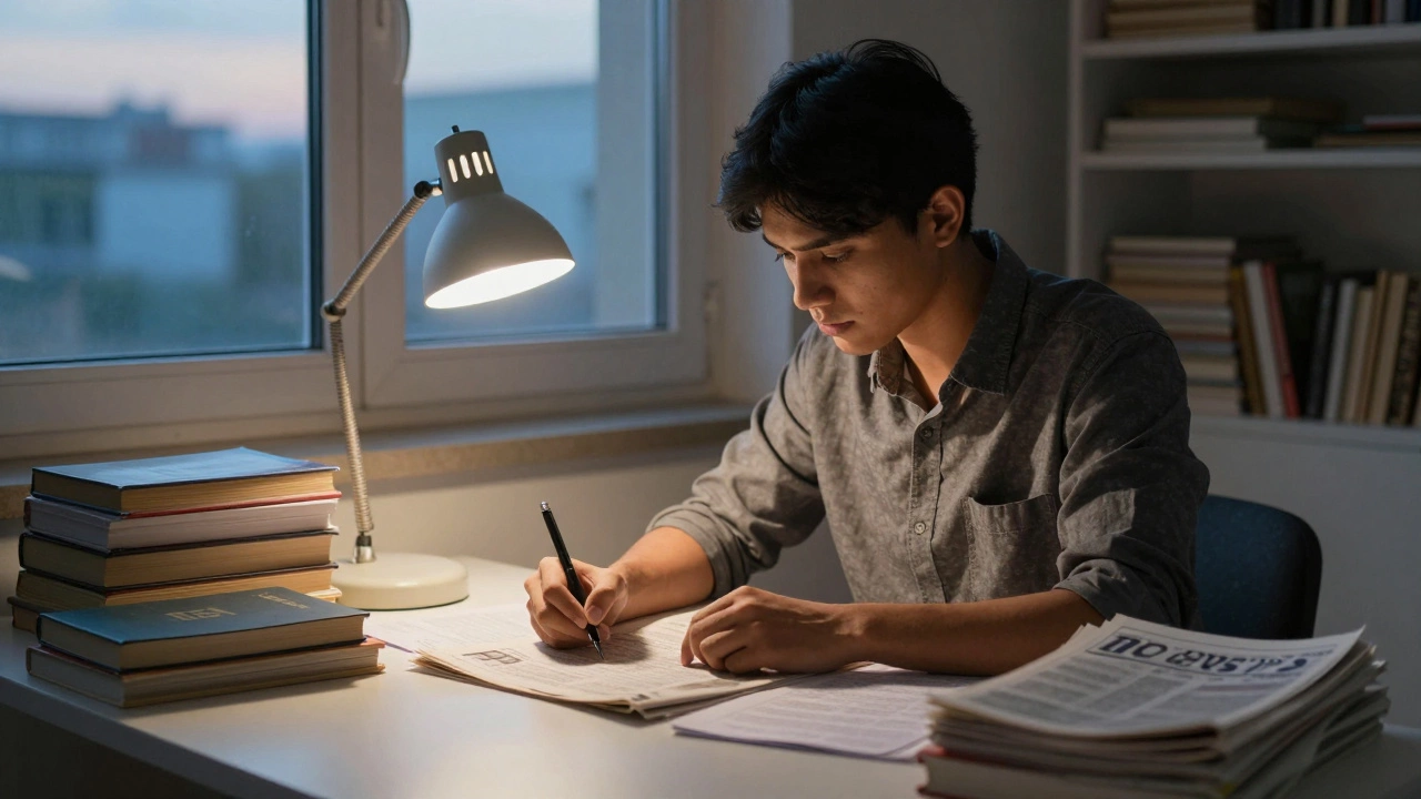 Candidate studying late at night with books and newspapers under a desk lamp.