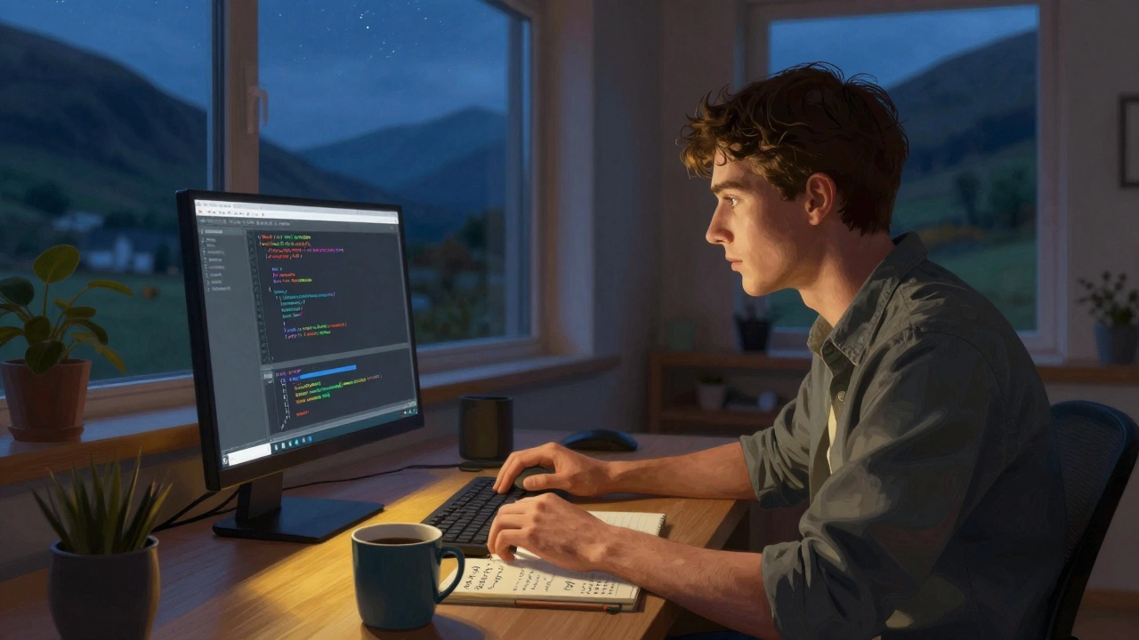 Developer in a remote Scottish home office at night, screen glow lighting their face as they code.