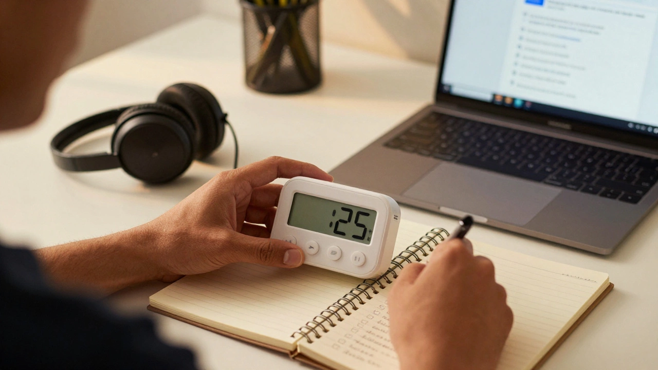 Hands timing a 25-minute study session with timer and notebook, noise-canceling headset nearby.