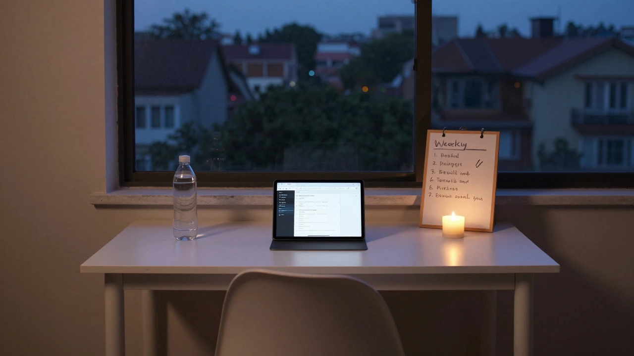 Overhead view of a minimalist study station at dusk with tablet, whiteboard, and candle.