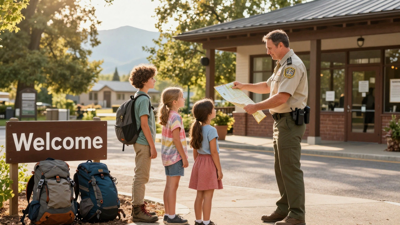 Park ranger giving a map to a family at a park visitor center during golden hour.