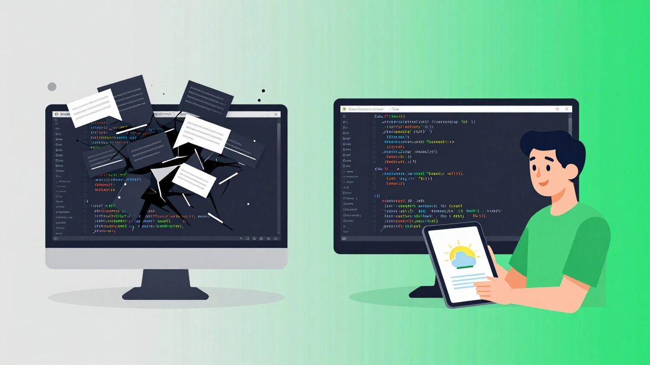 Split image: chaotic error messages transforming into clean code with a happy user receiving an app update.