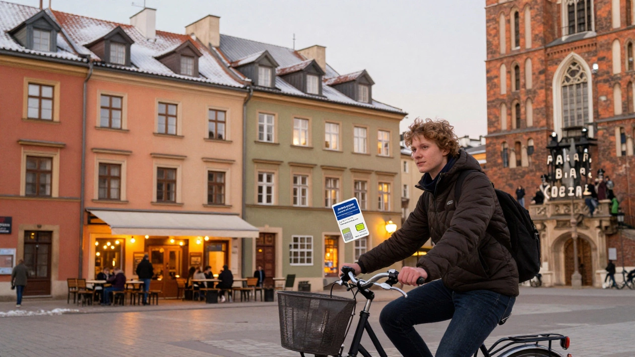 Student cycling in Kraków past historic buildings with a public transport pass visible.