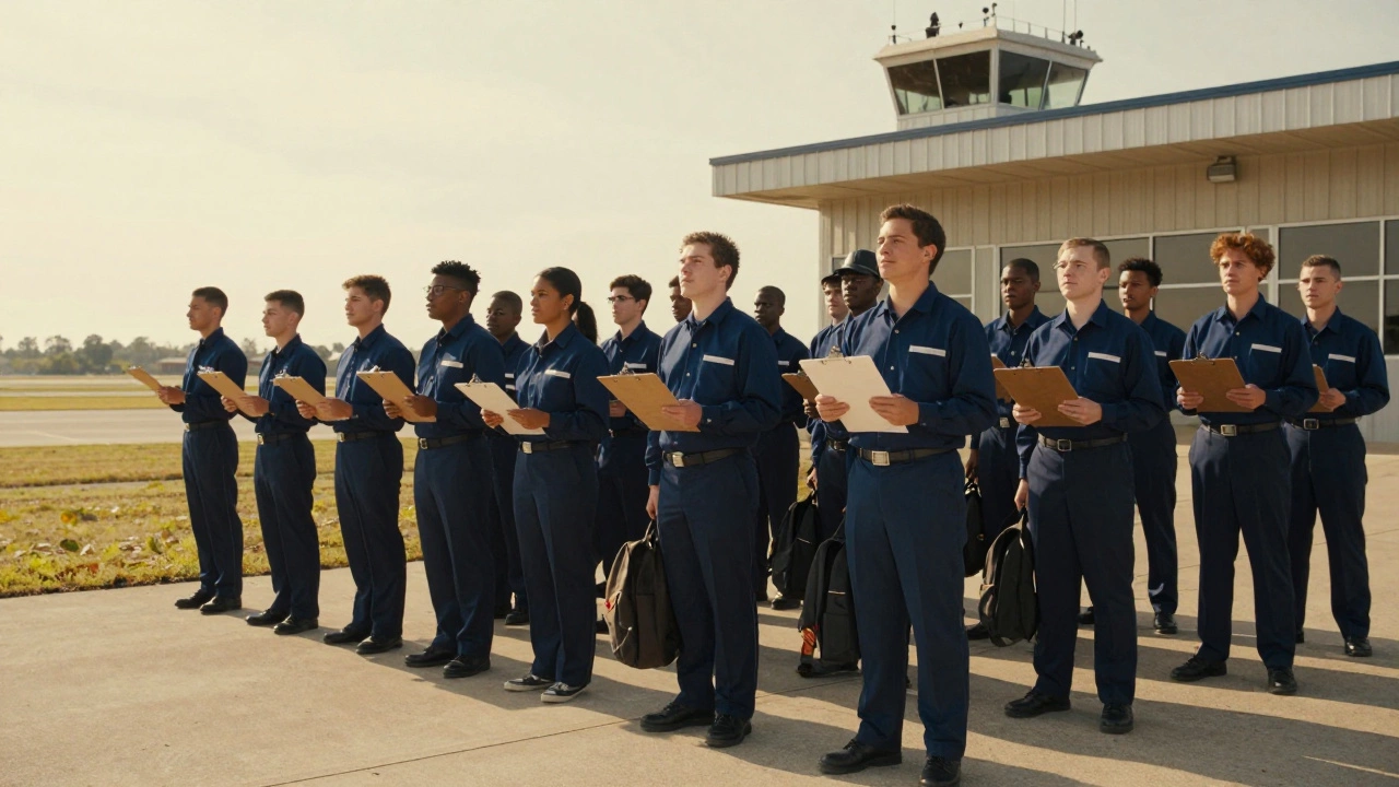 Trainees in uniform standing outside FAA training center during golden hour.
