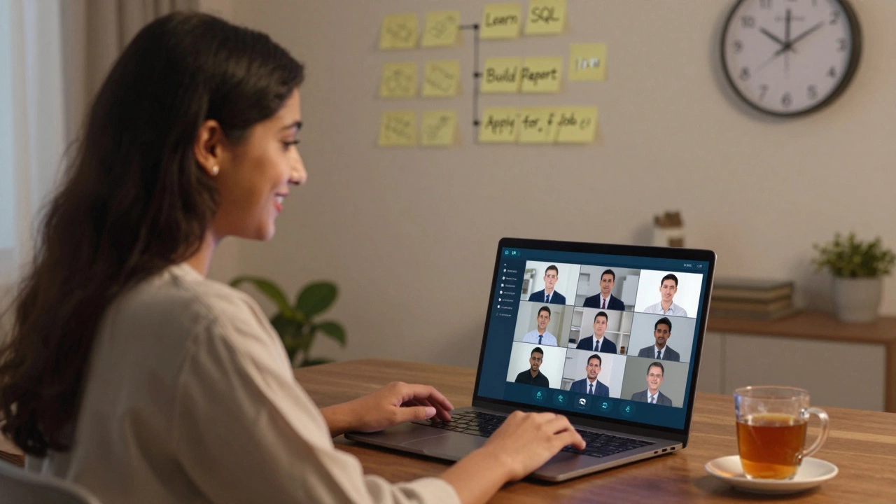 A woman presenting a data dashboard in a virtual job interview, surrounded by progress notes and late-night tea.
