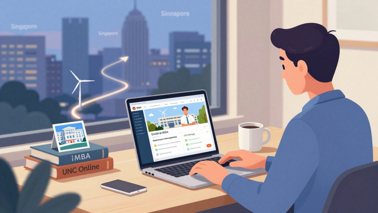 Remote worker studying online MBA with healthcare and sustainability icons nearby, soft evening light.