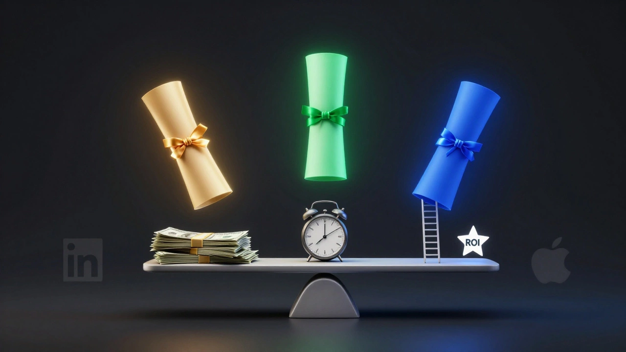 Three glowing MBAs in technology, healthcare, and sustainability floating above a scale balancing cost and return.