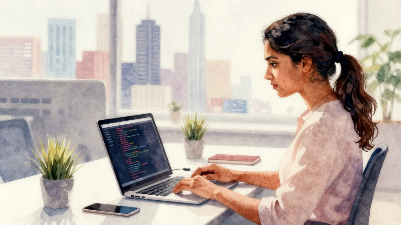 Young woman working in tech office with city skyline view