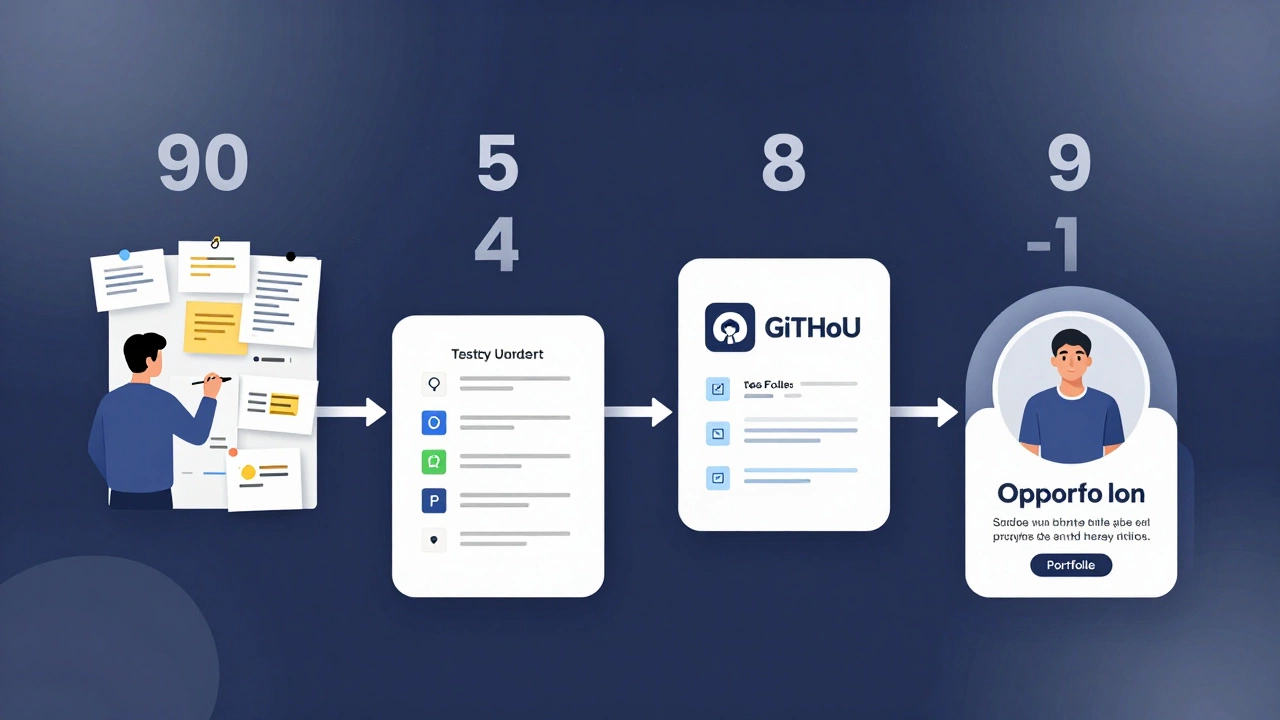 A 90-day journey from building a project to submitting job applications, shown in three clear visual stages.