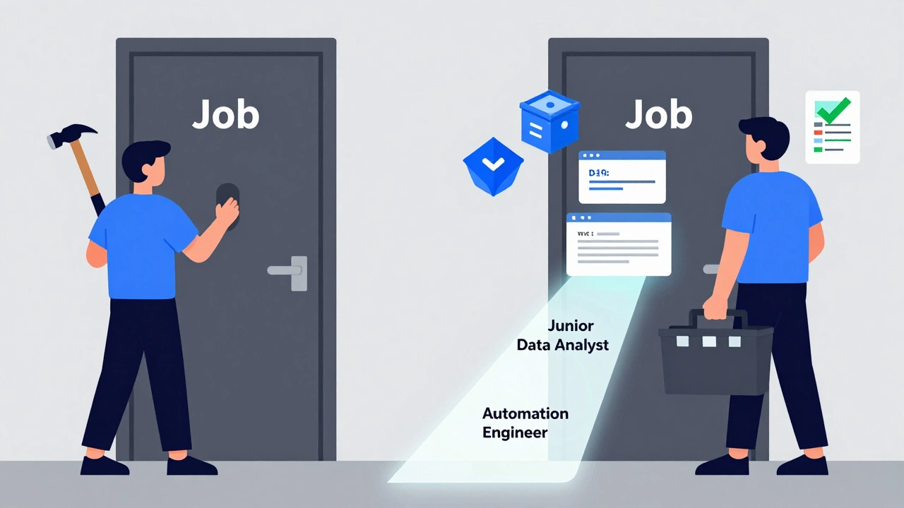 A person holding only a hammer vs. the same person with a full toolkit unlocking a job door, symbolizing skills beyond Python.