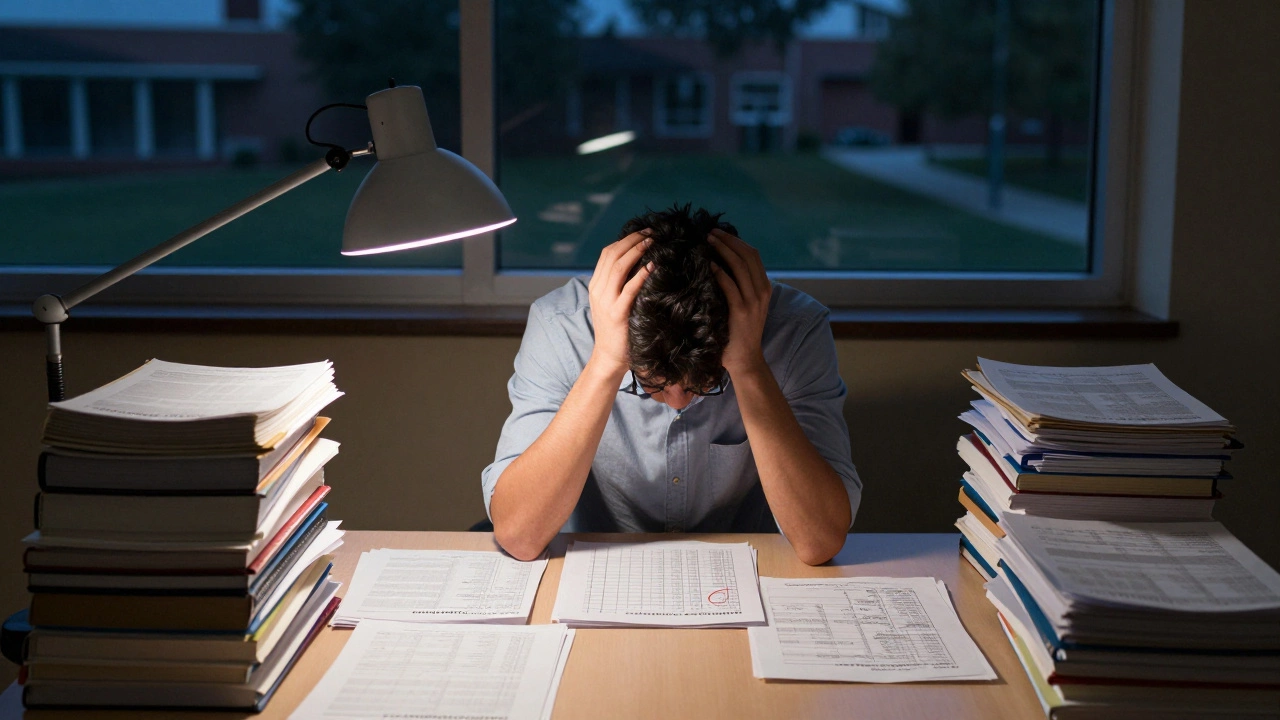 A student alone at night surrounded by accounting documents, stressed over a balance sheet error.