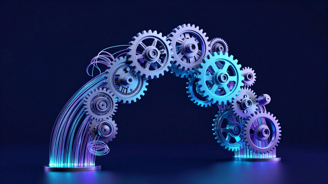 Abstract glowing mechanical gears and network nodes fusion artwork.