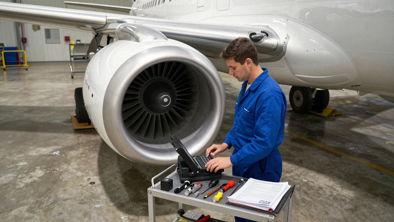 Aviation mechanic inspecting aircraft engine in workshop