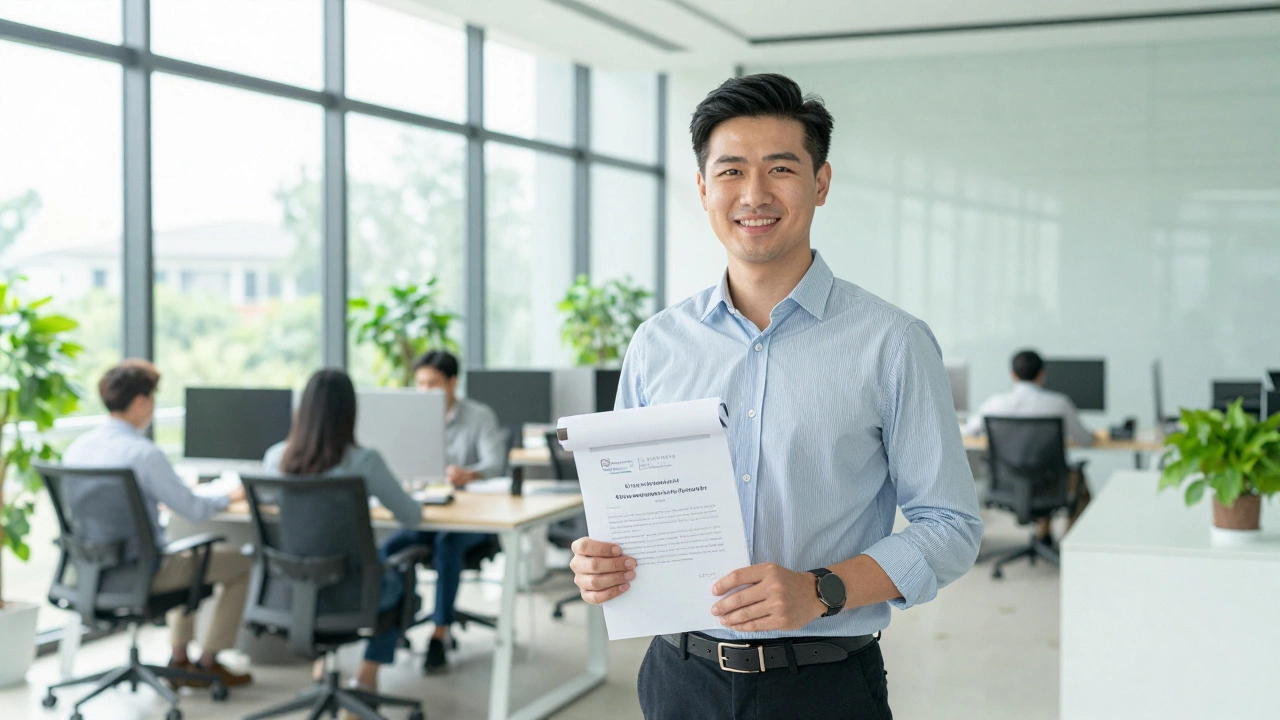 Confident professional holding credential in office