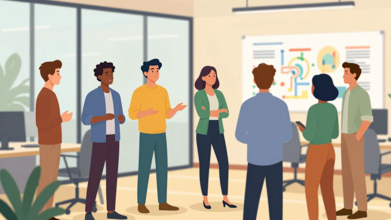 Diverse team collaborating and networking in a bright modern workspace.