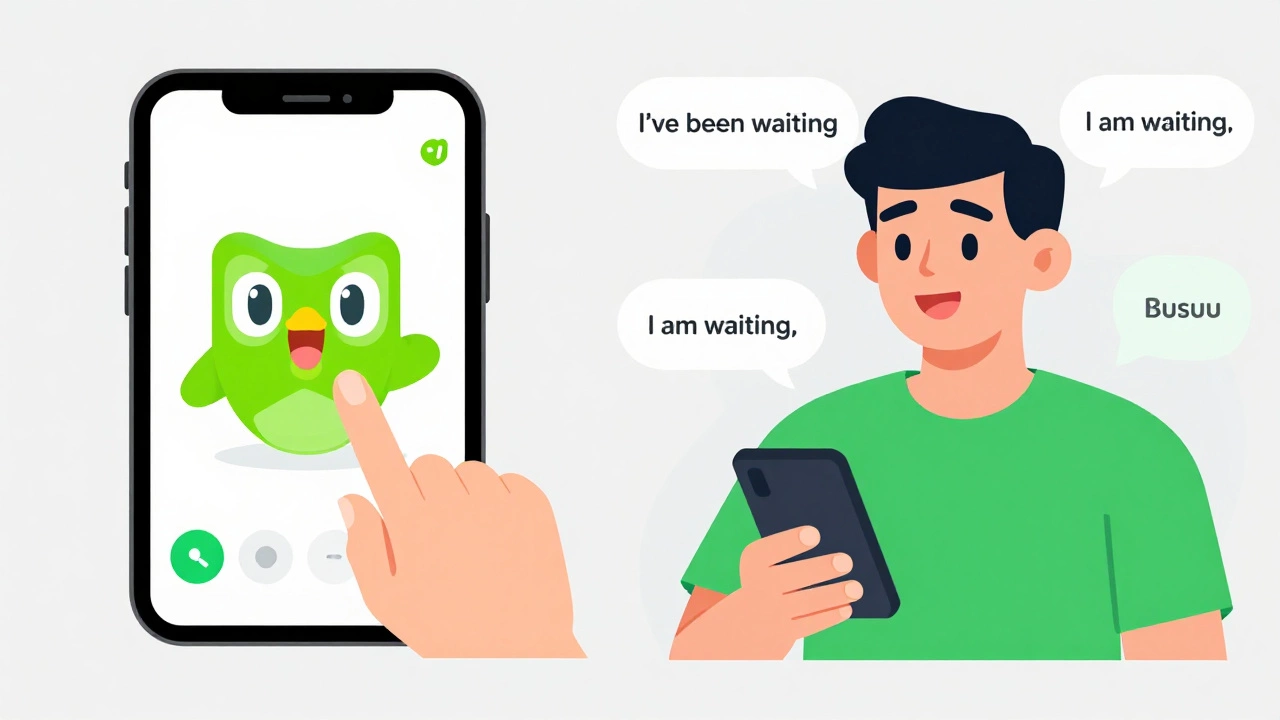 Side-by-side comparison of passive Duolingo use versus active speaking with Busuu, showing corrected phrases in speech bubbles.