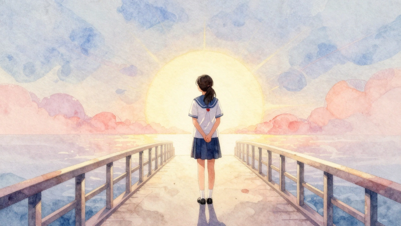 Student standing on a bridge looking toward a bright future horizon.