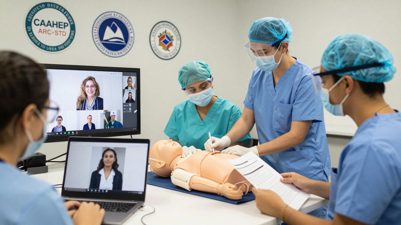 Students learning healthcare skills in hybrid classroom setting