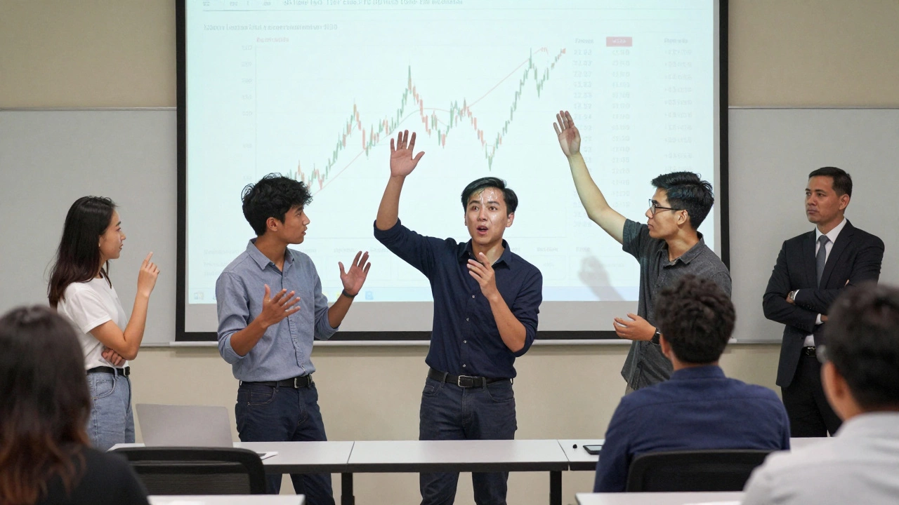 Students presenting a flawed financial valuation to a large class under intense professor scrutiny.