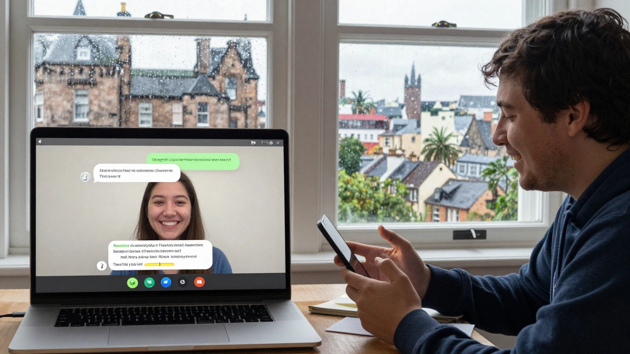 Two people video chatting through HelloTalk, one in Scotland and one in the Philippines, having a natural conversation.