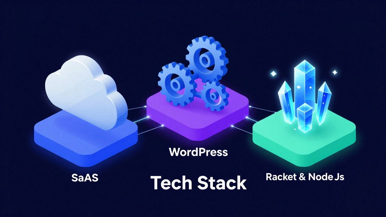 3D isometric visualization of SaaS, WordPress, and custom development tech stacks.
