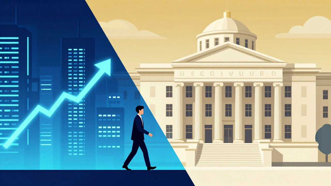 Conceptual art showing a professional moving from a corporate city to a stable government building.