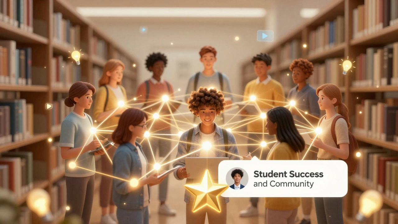 Connected digital avatars of students celebrating a learning achievement together.