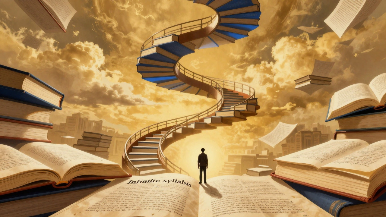 Small person standing before a giant spiral staircase made of books and documents.
