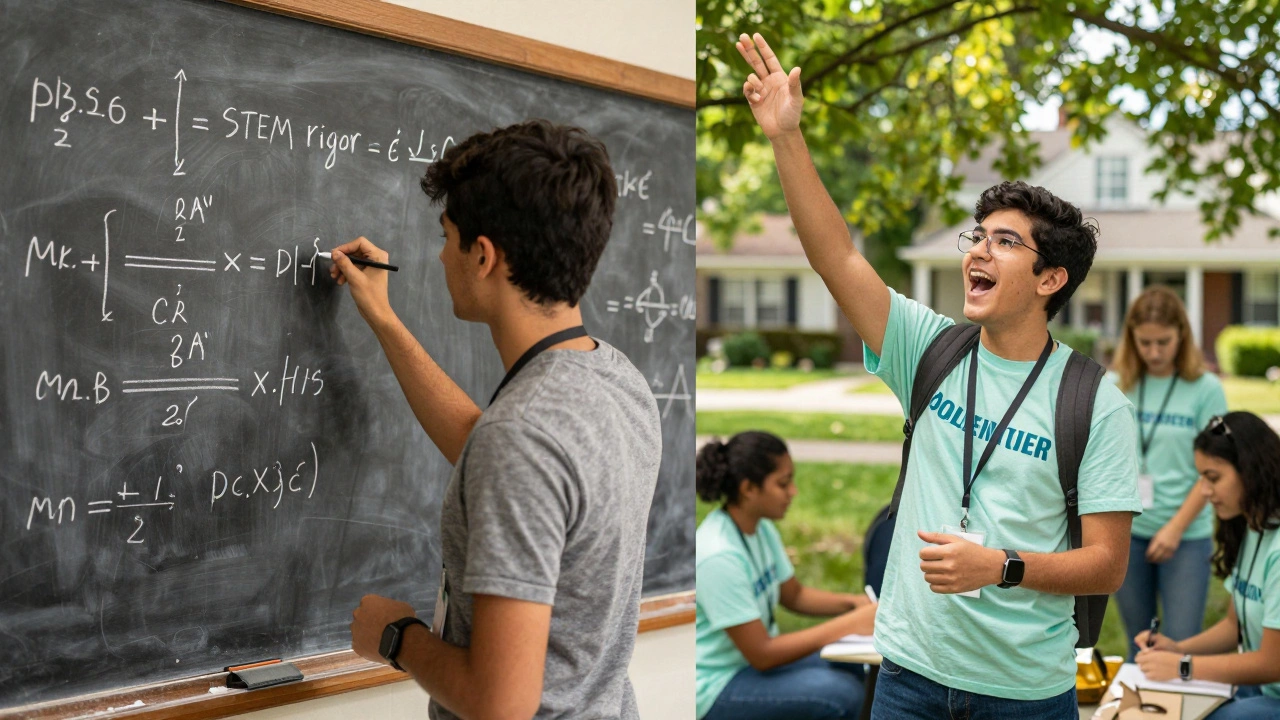 Split image showing a student's academic strength in science and community volunteering